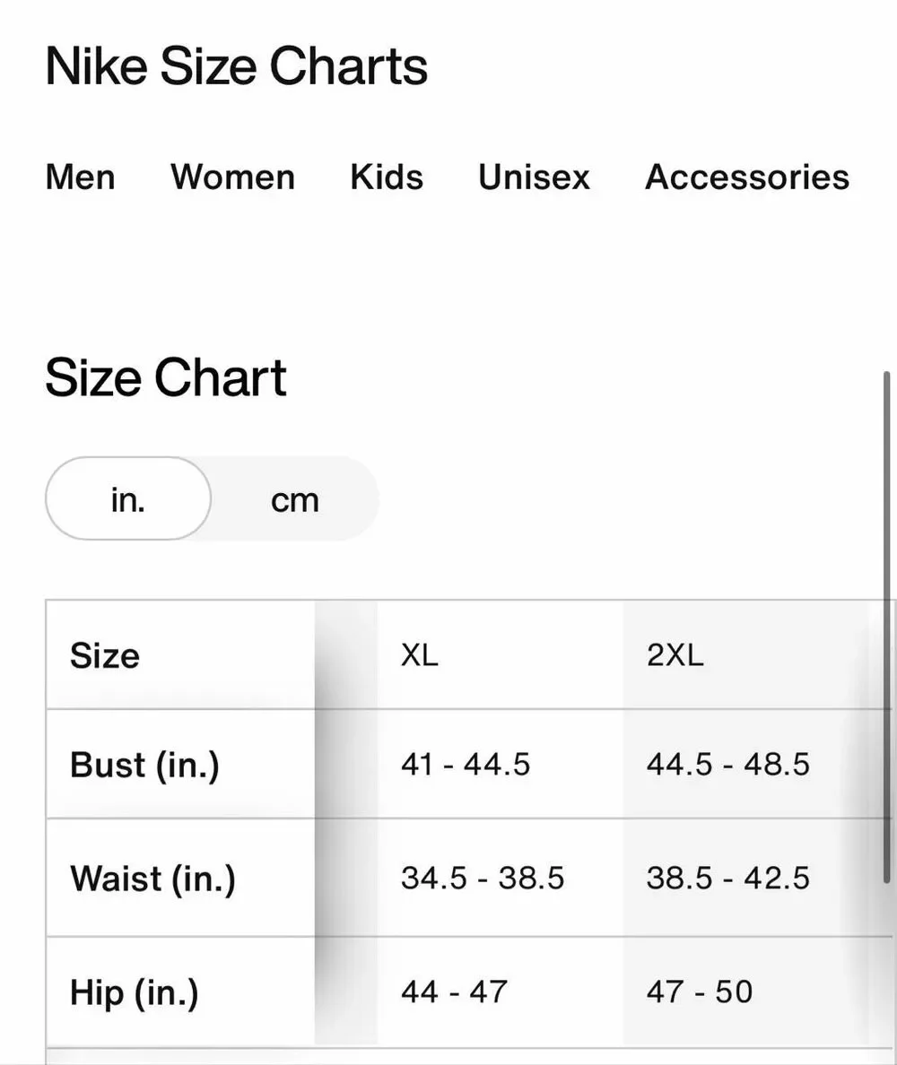 Nike measurements photos